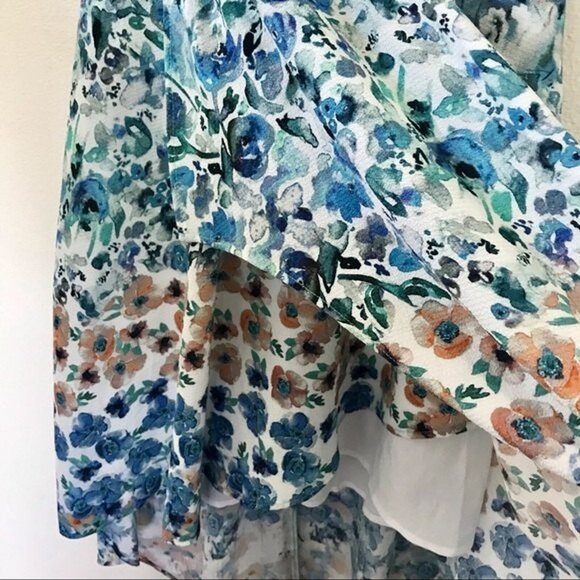 matty m Watercolor Floral High Low Empire-Waist Faux Wrap Dress Size M Easter - Picture 7 of 11